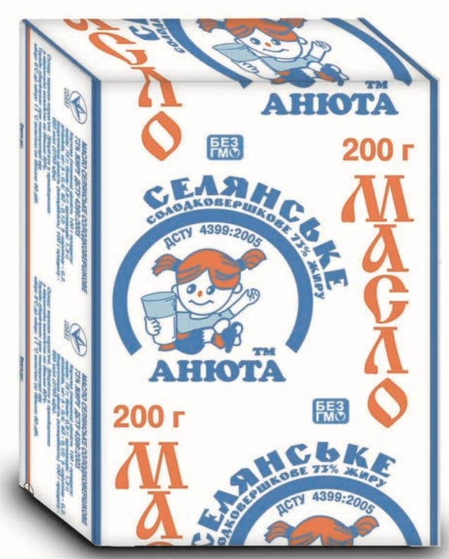 Масло солодковершкове, селянське, 73%,без ГМО, маса нетто 200 г, ДСТУ 4399: 2005 , ТМ Анюта